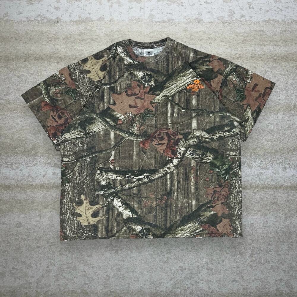 Vintage 90s Mossy Oak Hunting Camo Shirt Mens 2XL Short Sleeve Orange Logo